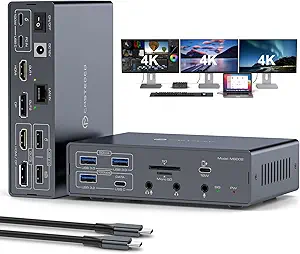 USB C Docking Station 3 Monitors 4K@60Hz for MacBook/Windows Compatible with DisplayLink Technology, 19 in 1 Thunderbolt Dock with 2 HDMI & 2 DisplayPort, PD 100W, QC 18W, USB 3.2 10 Gbps
