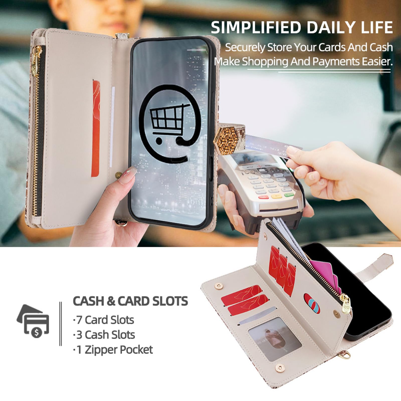 Portmonetka etui do iPhone 16 Pro Max / 16 Pro / 16 Plus/16, luksusowe, modne wzornictwo w wężu, skórzane, z klapką, z dużą przegródką na karty, etui na telefon komórkowy, białe, 16