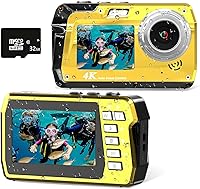 Vista 1 de Cámara digital subacuática 4K 48MP impermeable con tarjeta de 32 GB, selfie de doble pantalla (frontal y trasera), buceo de 10 pies/3M para Amarillo