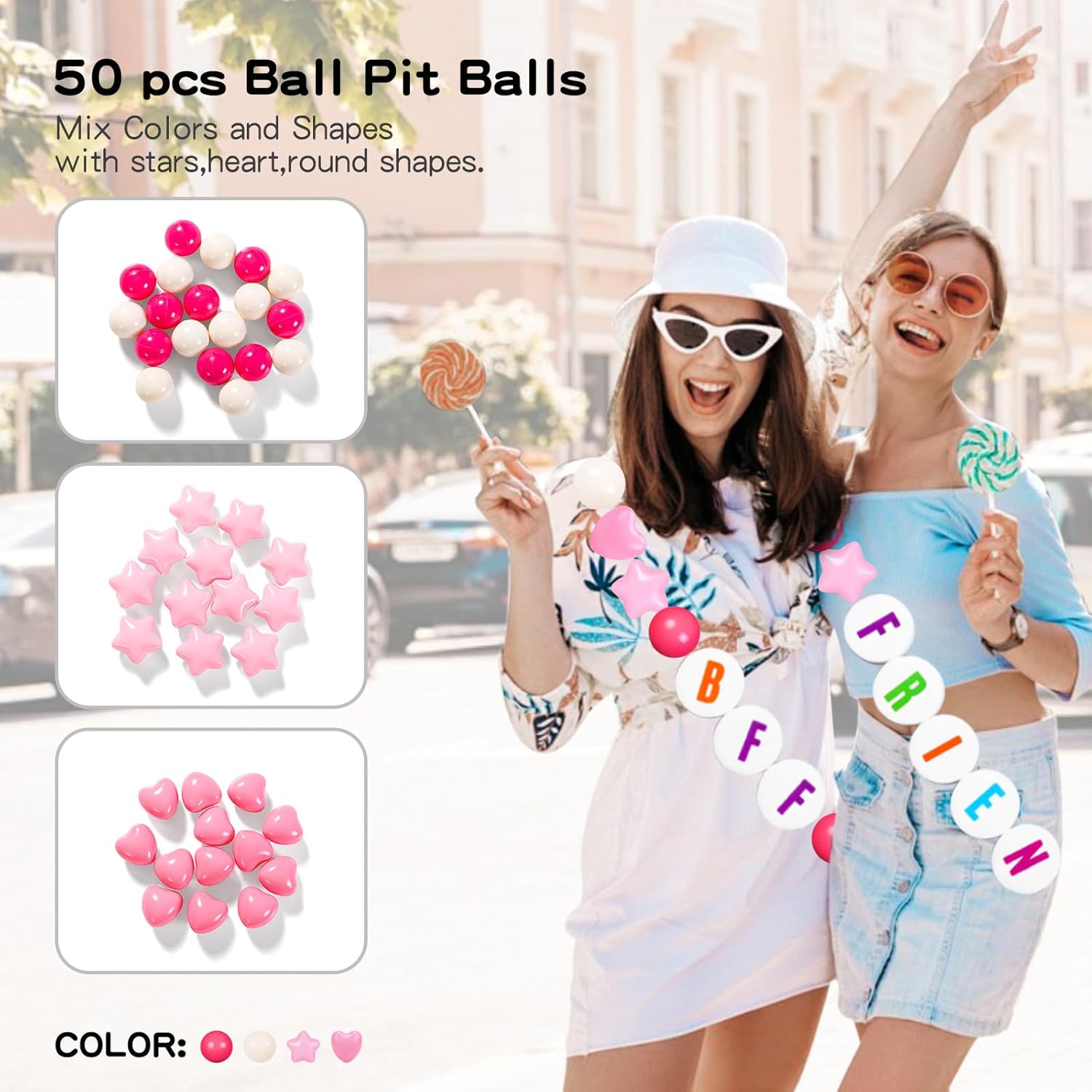 Customized Giant Friendship Bracelet Garland with 50 Plastic Balls,24 PCS Foam Circles for Crafts, Create Vibrant Birthday/Christmas Party Hangings with Star Shaped & Round Balls (Pink Red)