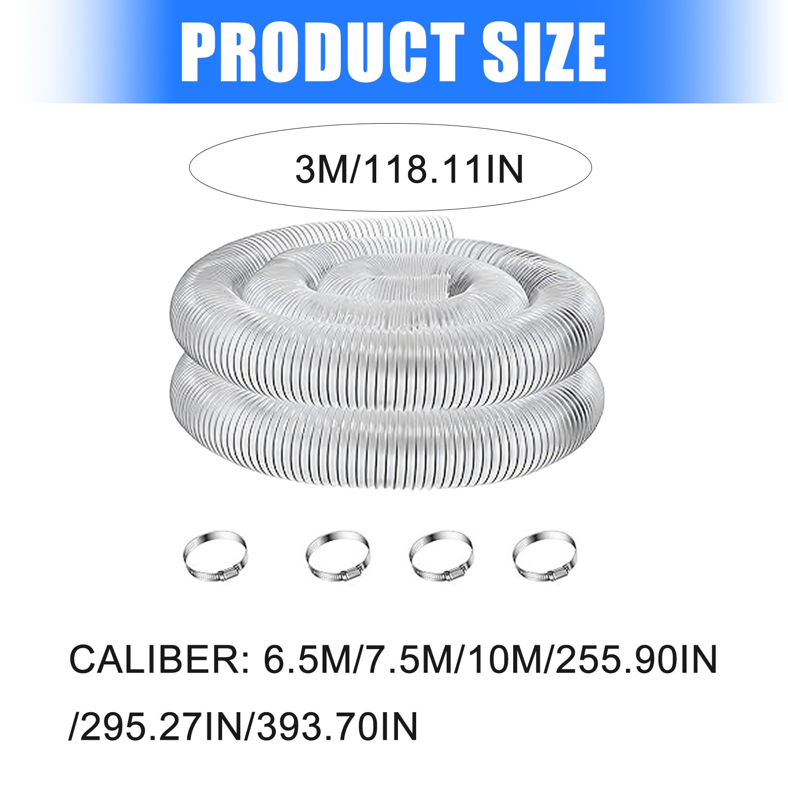 Manguera de aspiración de PVC transparente de 300 cm fuerte y flexible con refuerzo de alambre engrosado para colector manguera de succión de PVC