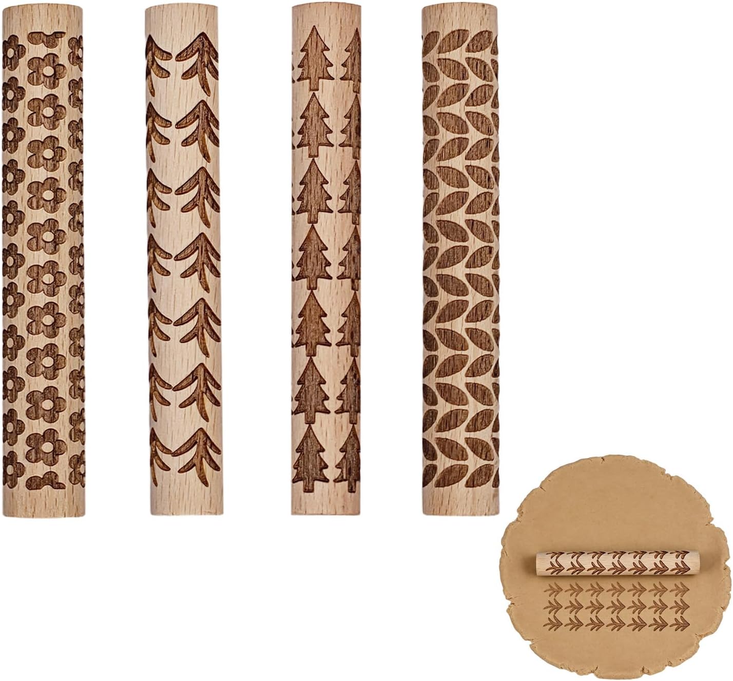 4 Pcs Clay Texture Rollers, Wooden Pottery Clay Roller Tool with 4 Unique Patterns, Textured Rolling Pins for DIY Rolling Embossing Sculpting Modeling, Tools for Artists Crafters