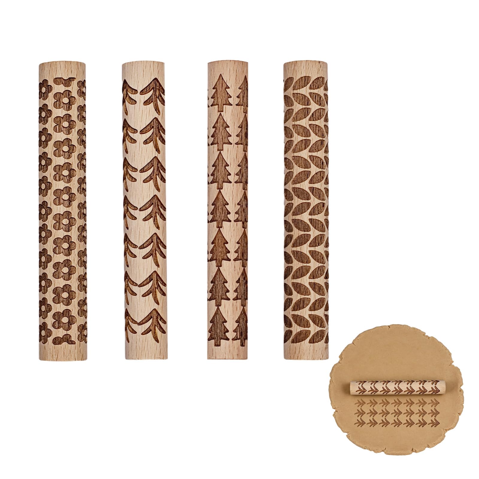 4 Pcs Clay Texture Rollers, Wooden Pottery Clay Roller Tool with 4 Unique Patterns, Textured Rolling Pins for DIY Rolling Embossing Sculpting Modeling, Tools for Artists Crafters