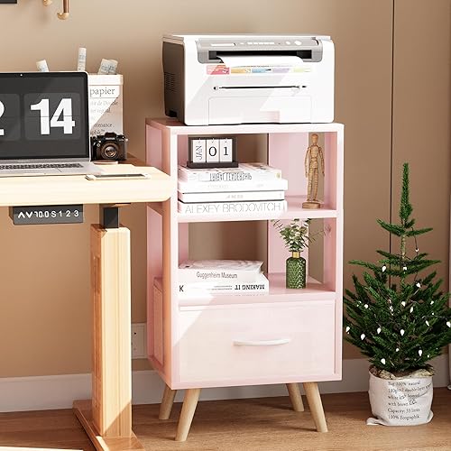 Miniatura 8 de Mesita de noche rosa para niños con cajón, mesa auxiliar de guardería con almacenamiento abierto, mesa auxiliar moderna de 3 niveles, mesita de