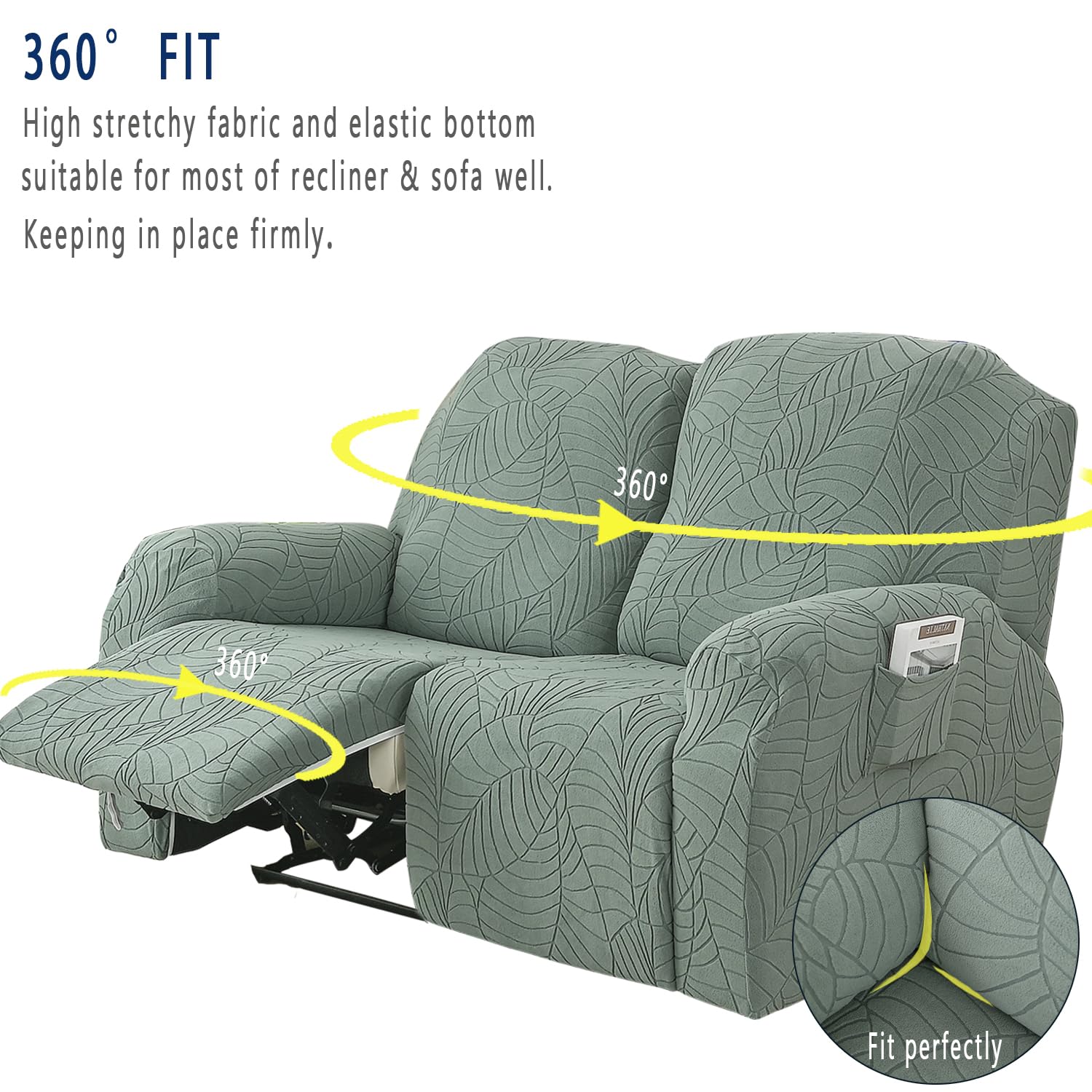Fundas para sillas reclinables jacquard de 2024, funda elástica de poliéster y elastano, funda de sofá reclinable con bolsillo lateral elástico, funda para sillón (verde matcha, 2 plazas)