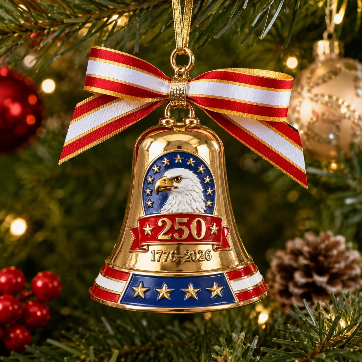 USA Bell Ornament, 250th Anniversary, Patriotic Metal Enamel, Red Blue Ribbon, 2x2 in, Commemorative Christmas Tree Hanging Decoration