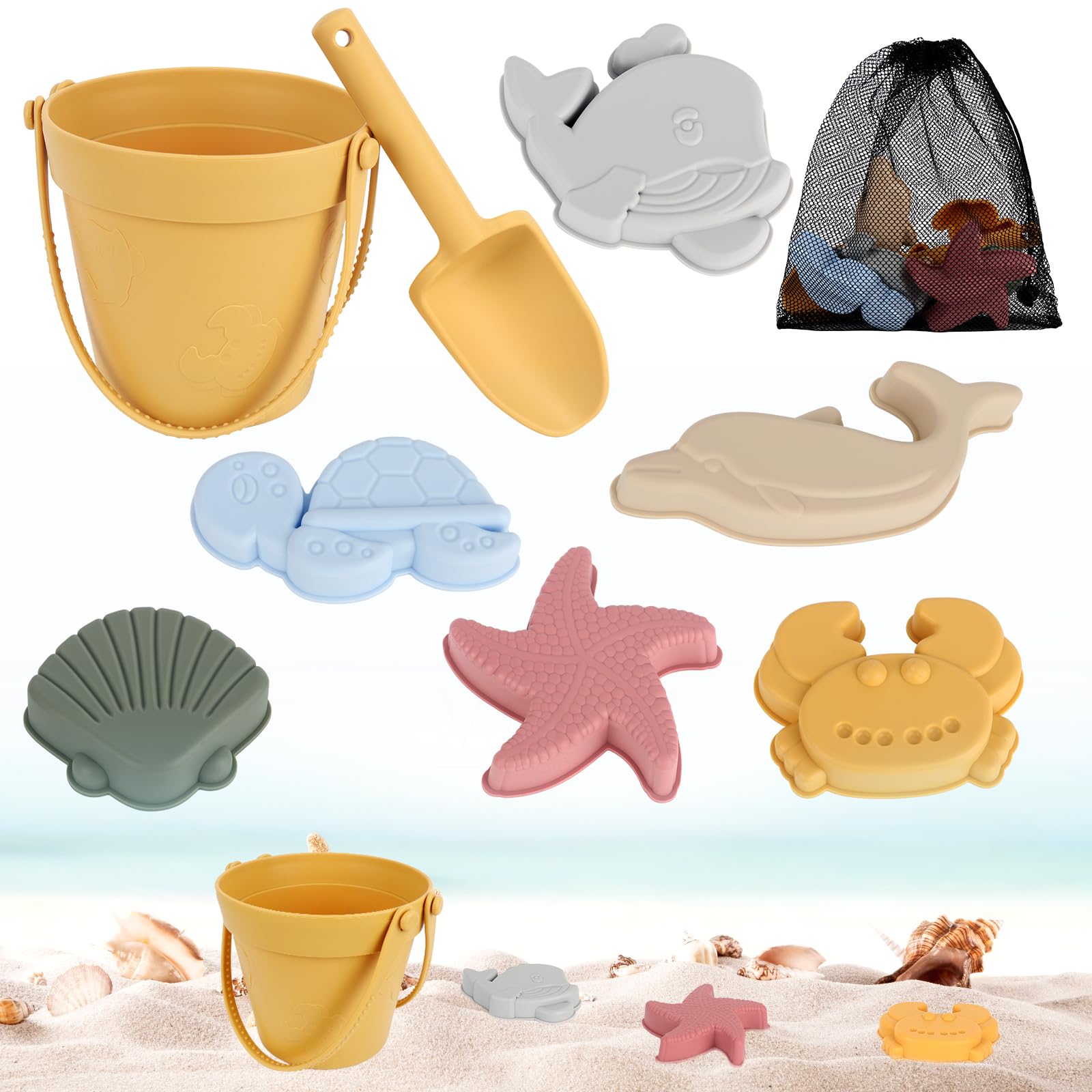 HIULLEN Juego de 8 juguetes de arena de silicona, juego de juguetes de arena para playa, caja de arena con cubo, pala y bolsa de almacenamiento, para niños, jardín, viajes, exterior y regalos