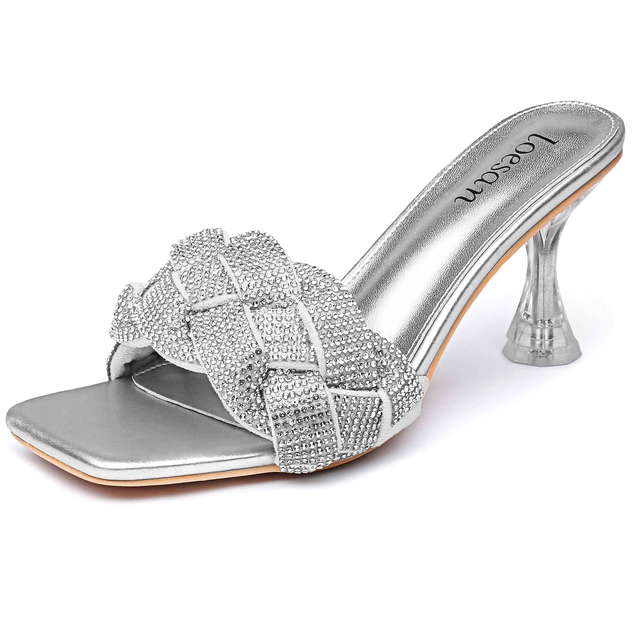 Women's Rhinestone Braided Heels Sandals Open Square Toe Stilettos Heels Clear Lucite Heeled Mules Slip On Sexy Dress Wedding High Heel Slippers