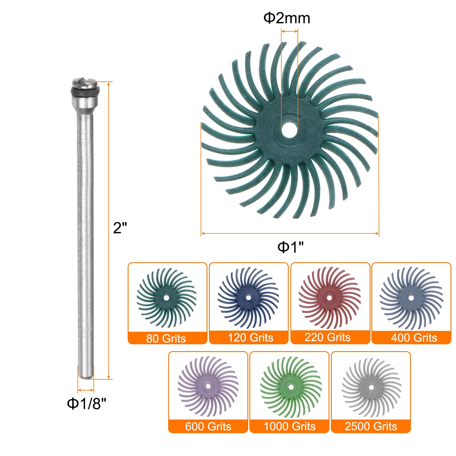 QUARKZMAN 42 Pezzi Set Dischi A Setole Radial 1" 80-2500 Grana Kit Spazzole Abrasive Per Levigatura Ruote Per Lucidatura Con 6 Mandrini 1/8" Per Pulitura E Lucidatura Di Gioielli Metallo