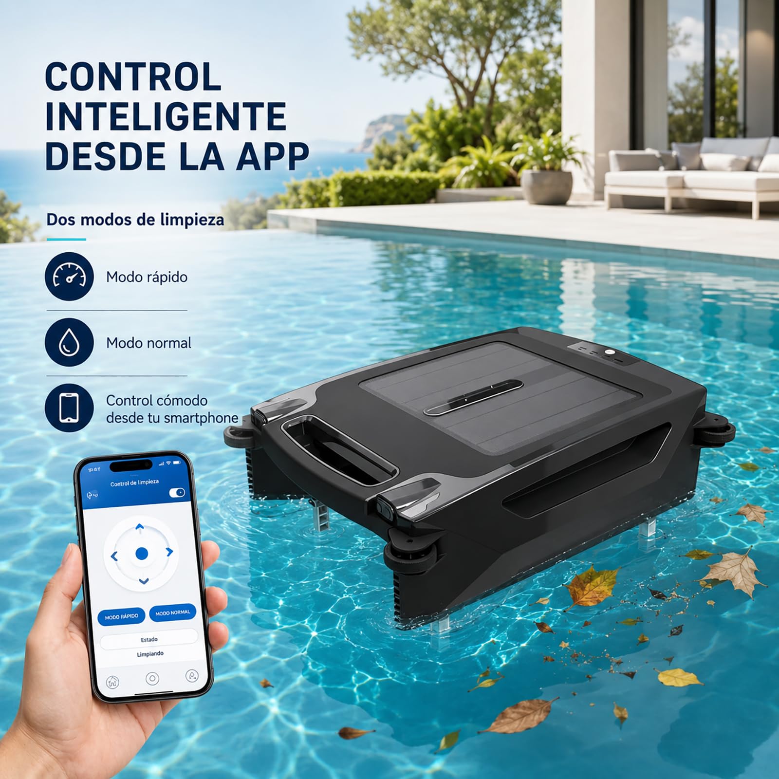 Skimmer Solare per Piscina, Robot per Piscina con Superficie d'Acqua Pulita per 10 Ore, Navigazione Intelligente, Parcheggio Automatico, Due Metodi di Ricarica, per Piscine Domestiche