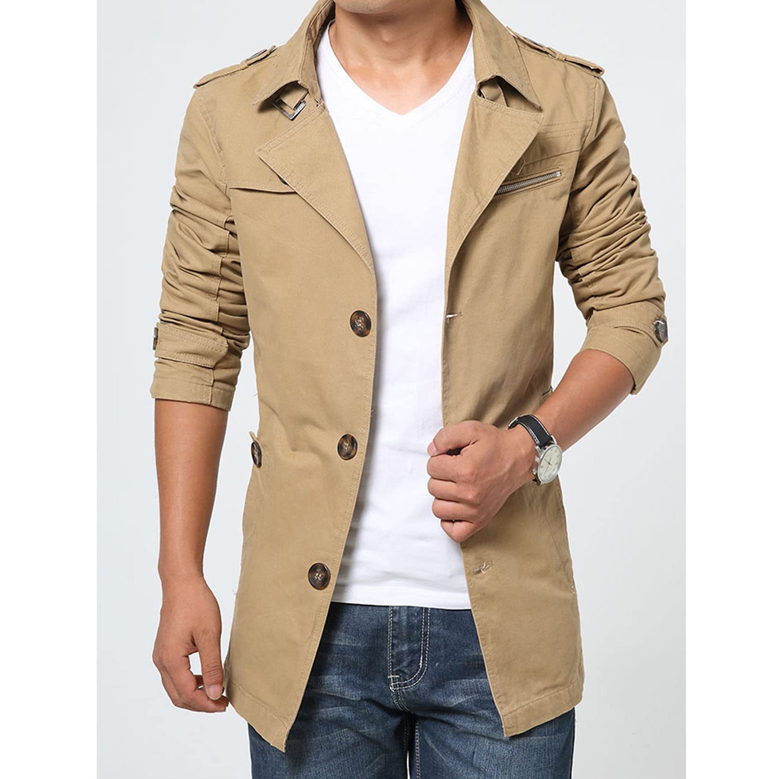 Maiyifu-GJ Men's Cotton Trench Coat Slim Fit Single Breasted Windproof Long Jacket Fall Casual Business Windbreaker Overcoat (Dark Khaki,3X-Large)