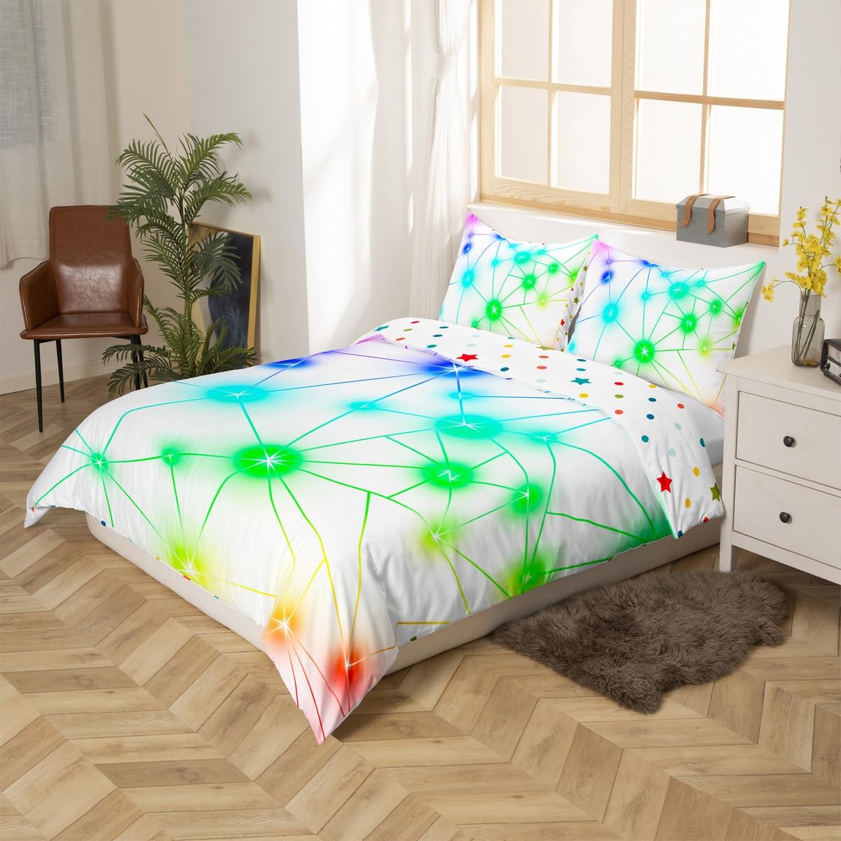 Homewish Geometric Triangle Single Bedding Set Reversible Stars Duvet Cover Neon Colorful Quilt Cover with 1 Pillowcase - Image 2