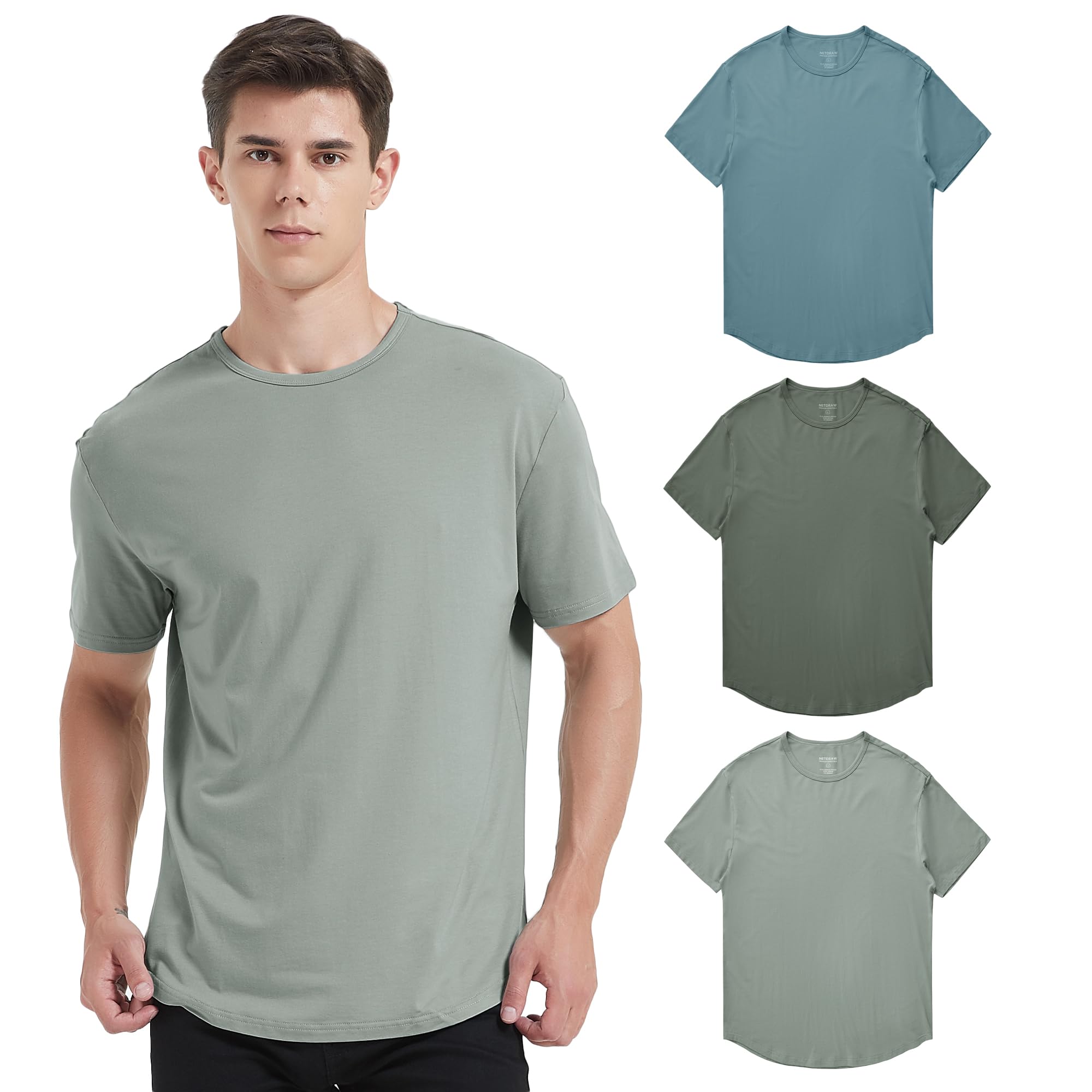 netdraw Men's Ultra Soft Bamboo Viscose T-Shirt Curve Hem Lightweight Cooling Short/Long Sleeve Casual Basic Tee Shirt
