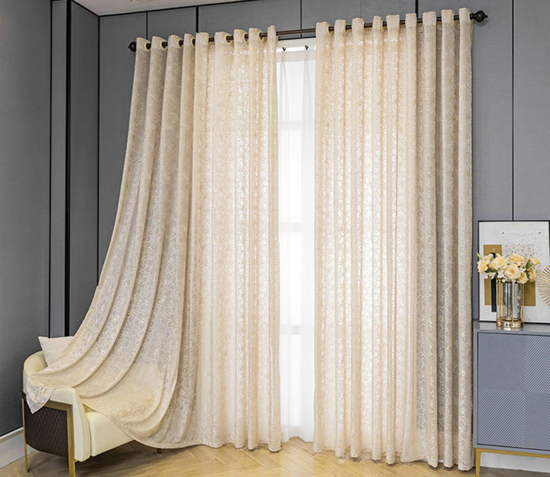 Vorhänge Durchsichtig, Gardinen mit Blumenmuster Fenstervorhänge Schlafzimmer 2er Set H 183 x B 107 cm, Beige