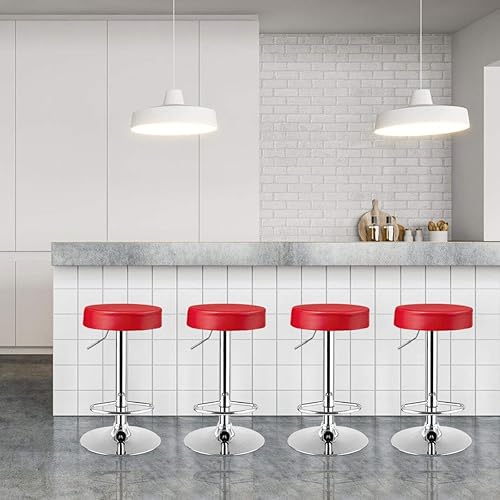 Miniatura 43 de COSTWAY Juego de 4 taburetes de bar, modernos taburetes de bar redondos giratorios sin espalda, silla de bar de piel sintética sin brazos con altura