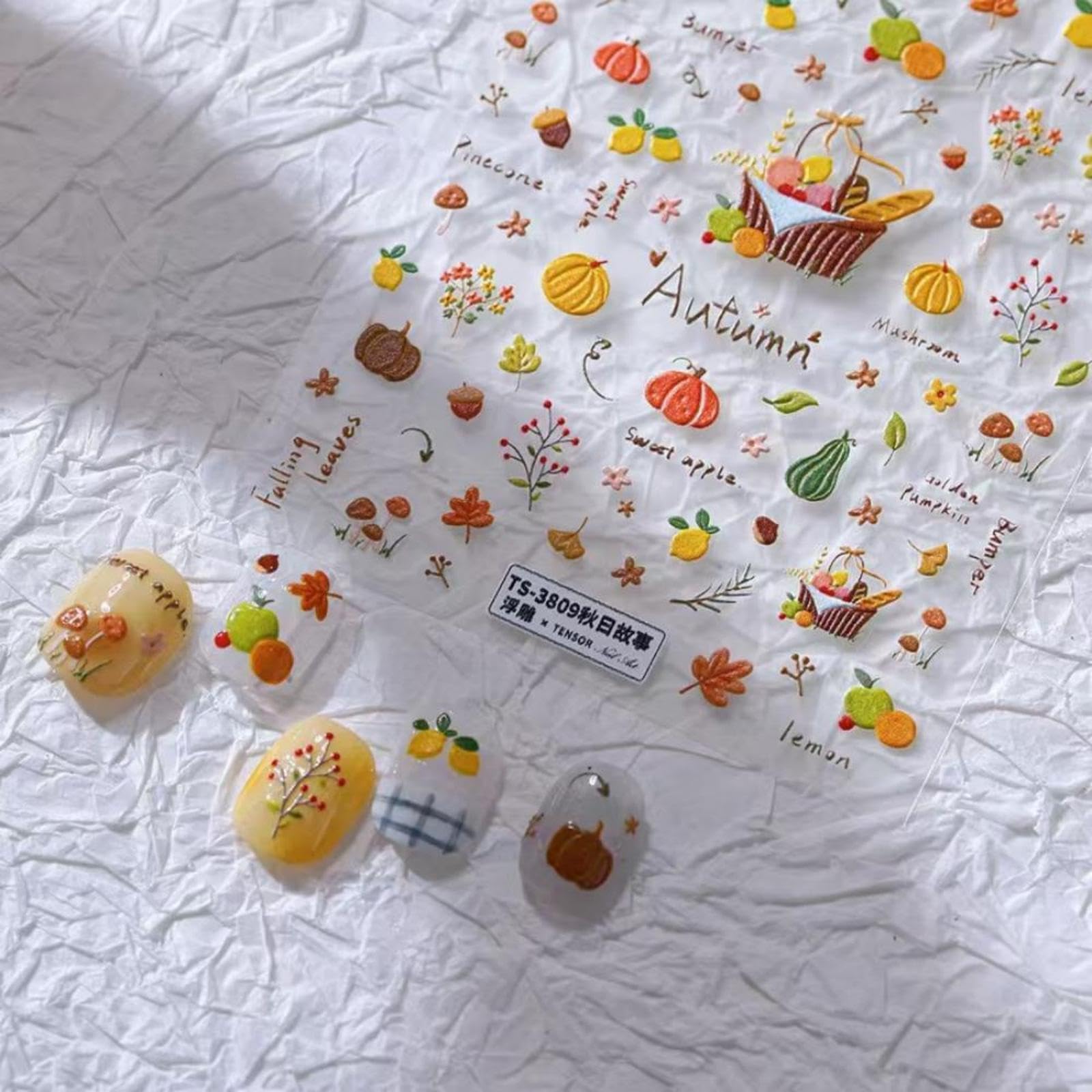 Autumn Nail Art Stickers 5D Embossed Nail Decals Self-Adhesive Colorful Nail Supplies Fall Harvest Manicure Thanksgiving Day Stickers for Women Girls DIY Nails Decorations