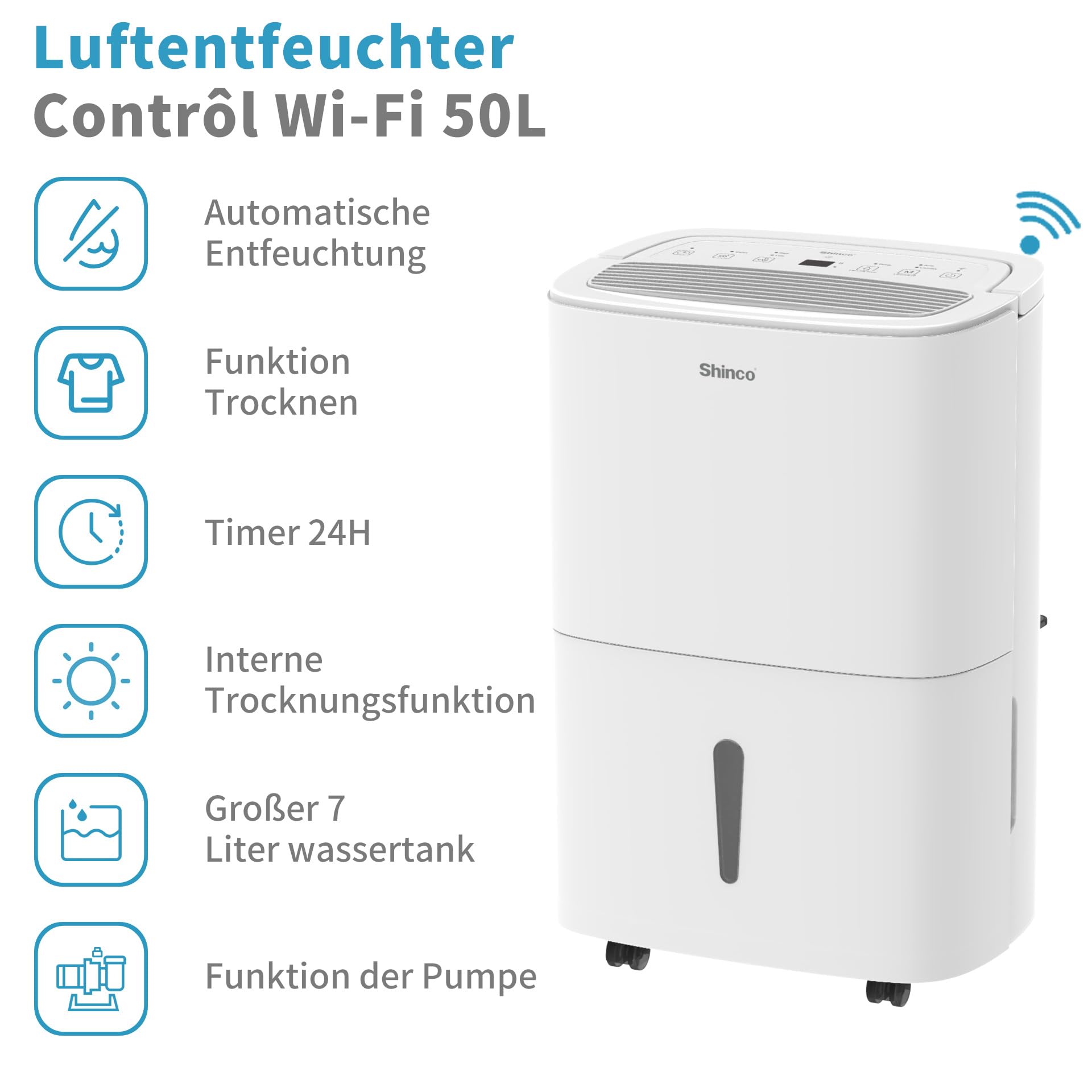 Shinco 50L Wifi elektrisch Luftentfeuchter mit APP&Pump,165m³/55m²,Entfeuchter mit 7L Wassertank,Aktivkohlefilter,Energieeinsparung,Automatischer Neustart,Timer,Ablaufschlauch,Wäschetrocknerfunktion