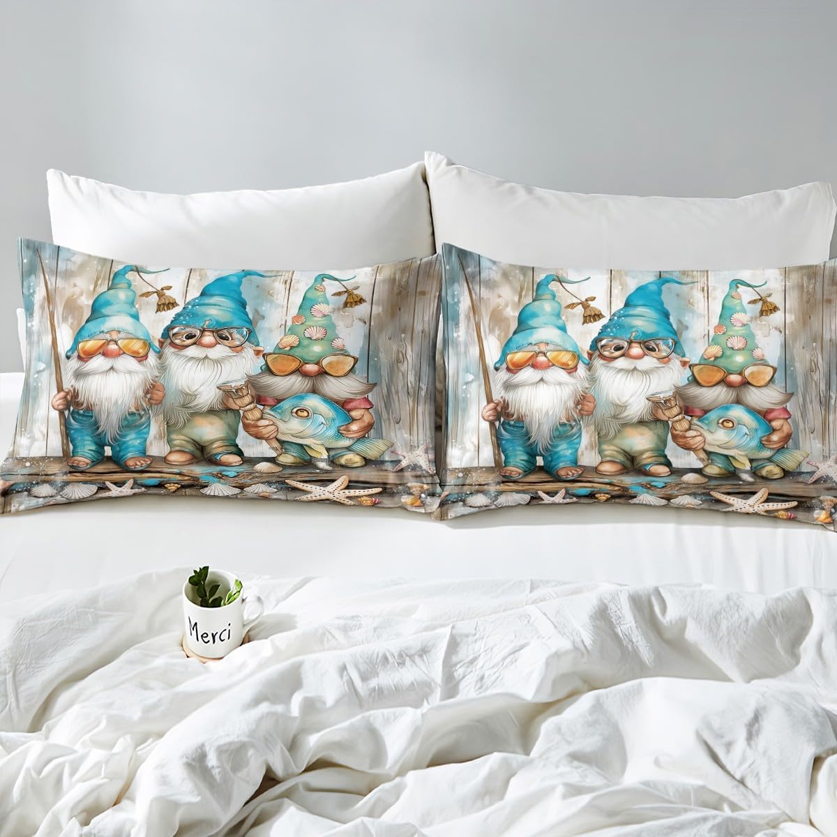 Ocean Theme Gnome Duvet Cover Set Queen Size,Starfish Shell Bedding Set 3Pcs for Kids Girls Boys Teens Room Decor,Rustic Farmhouse Old Wood Striped Comforter Cover Sea Beach Quilt Cover,2 Pillowcases