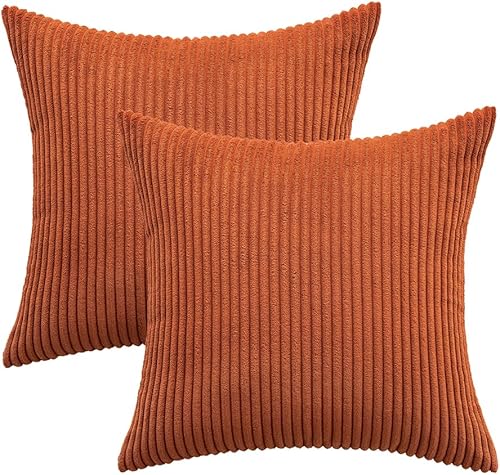 Miniatura 6 de Woaboy Paquete de 2 fundas de almohada de pana de 18 x 18 pulgadas, súper suaves, bohemias, a rayas, color óxido, decoración del hogar para sofá de
