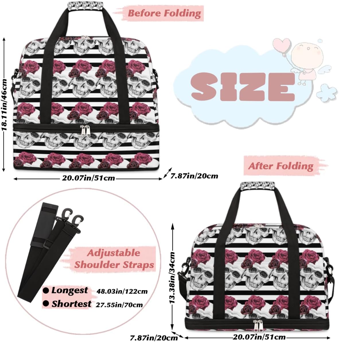 QsirBC Skull Classic Texture Gym Bag for Women Duffle Tote with Shoes Compartment Men Weekender Duffel for Dance Travel Sports Swimming Overnight