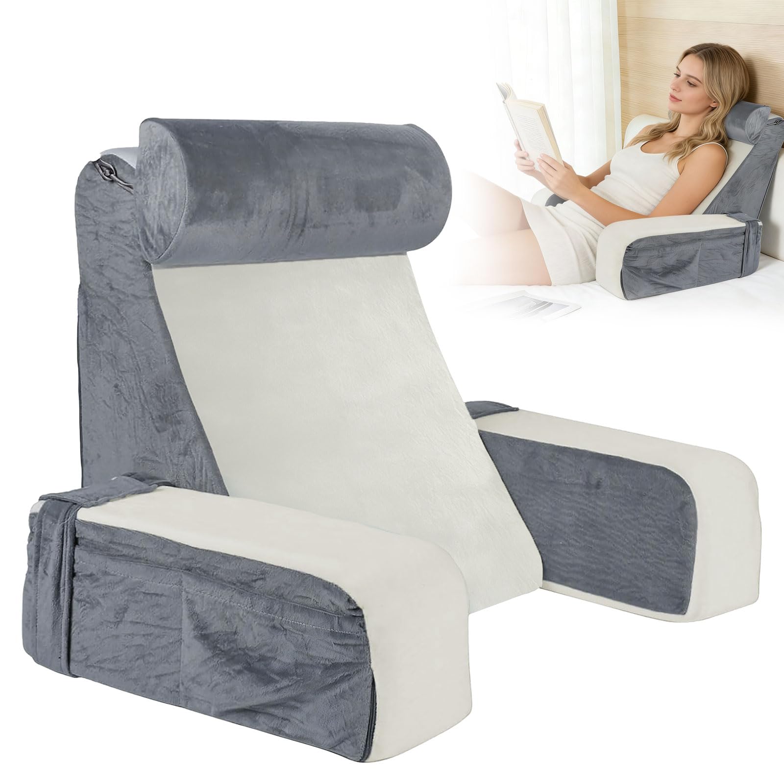 Lesekissen für Bett und Sofa, Rückenkissen für Erwachsene mit abnehmbaren Armlehnen und Kopfkiseen, Bettkissen Rückenlehne mit Waschbarem Bezug, Rückenstützkissen zum Lesen, Fernsehen, Faulenzen