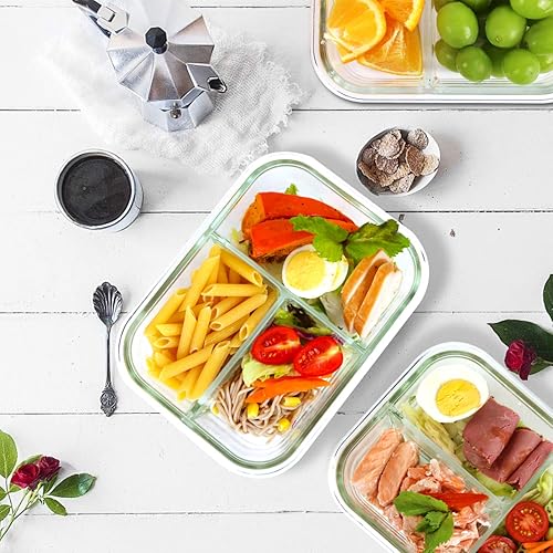 Miniatura 7 de Bayco Paquete de 8 recipientes de vidrio para preparación de comidas, 3 compartimentos, recipientes de vidrio para almacenamiento de alimentos con