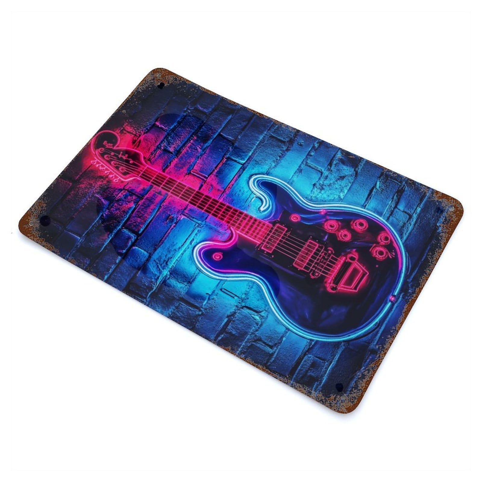 Neon Guitar Wall Art Aged Metal Wall Plaque 11.8"x7.9", for Living Room, Hallway And Home Decor, Shabby Chic Decor