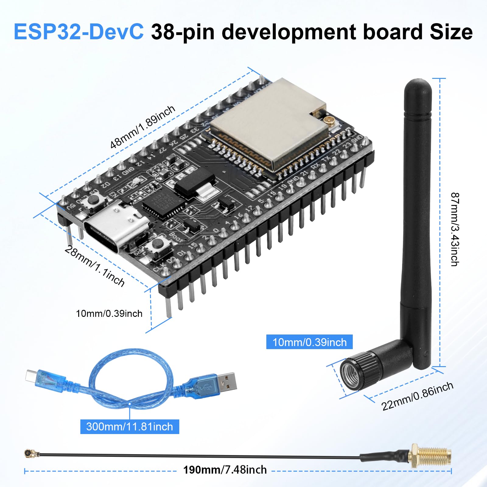 ESP32-DevC - Scheda di sviluppo a 38 pin, AYWHP 3 pezzi NodeMCU per ESP-WM-32D WLAN WiFi con antenna e cavo WiFi+Bluetooth USB-C compatibile con Arduino