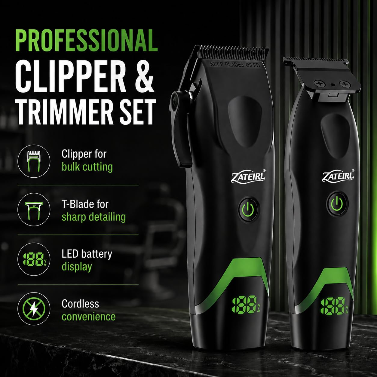 Cortapelos profesional para hombre, inalámbrico, con cuchillas de precisión, carga USB, juego de peines guía, para hombres y mujeres, color negro