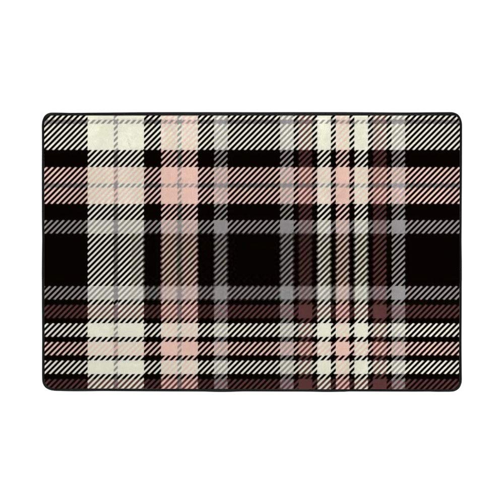 Grand tapis de salon en velours corail motif tartan beige et rouge