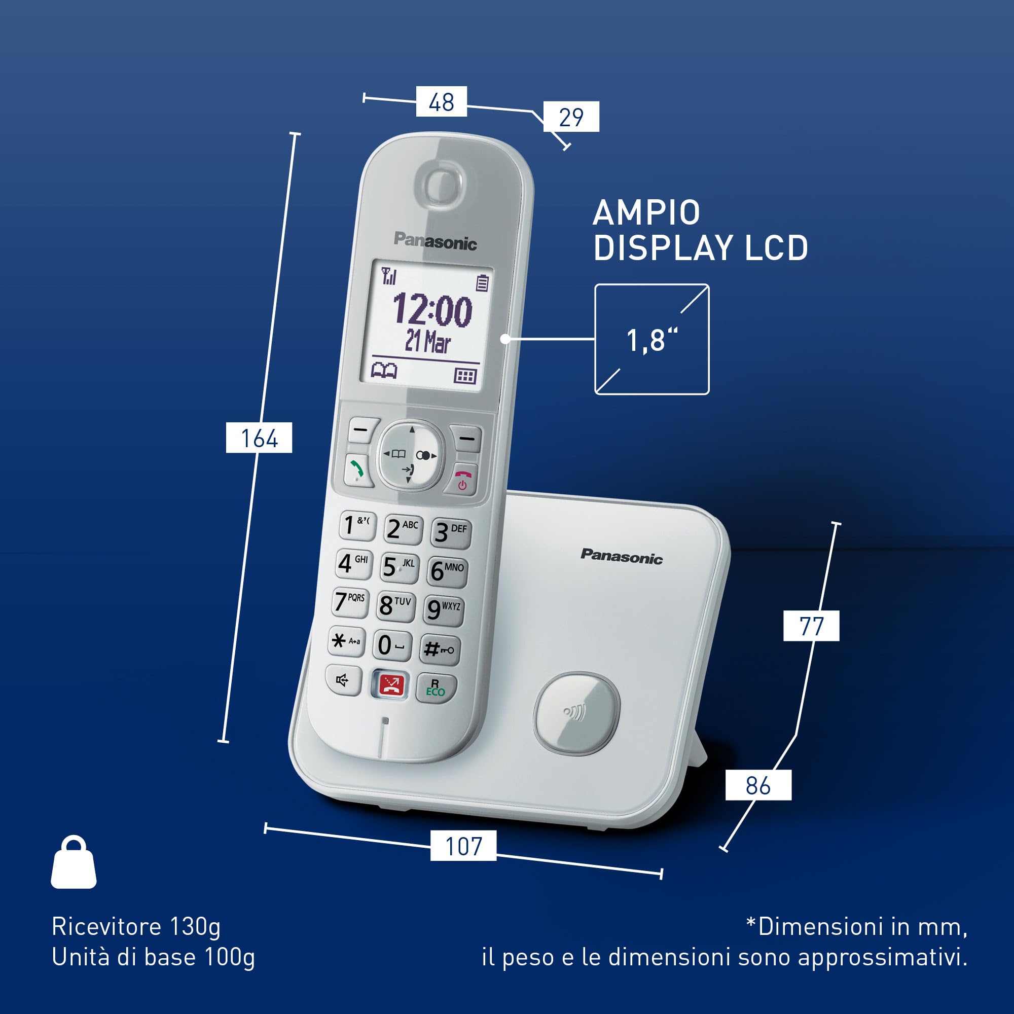 Panasonic KX-TG6851JTS Telefono Cordless Digitale, Unità Base e Ricevitore Singolo, ID Chiamante, Blocco Chiamate Indesiderate, Suoneria Categoria, Display LCD, Tastiera Illuminata, Argentato