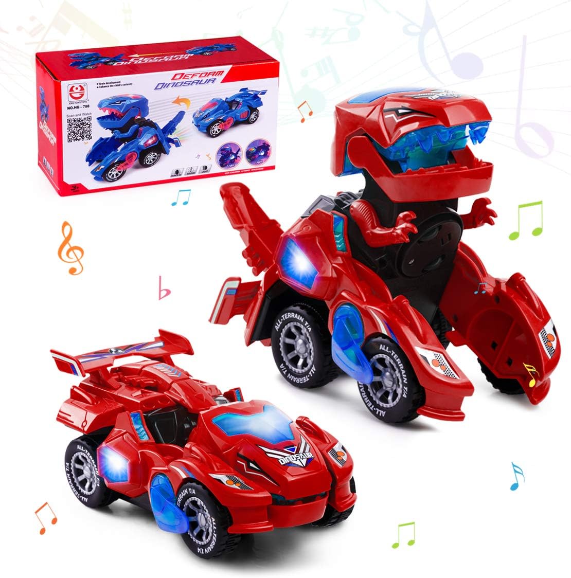 Dinosaur Transforming Car for 3-7 Year Old Boys Girls, Electric Automatic Transformable Dinosaur Car with Flashing Lights & Music, Transforming Dino Toys Gifts for Kids, Red