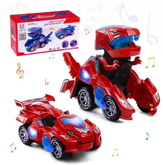 Highttoy Dinosaur Transforming Car for 3-7 Years Old Boys Girls,Electric Dinosaur Toys for Kids Automatic Deformation Dinosaur Car with Flashing Lights and Sound Dinosaur Transforming Car for Kids Red
