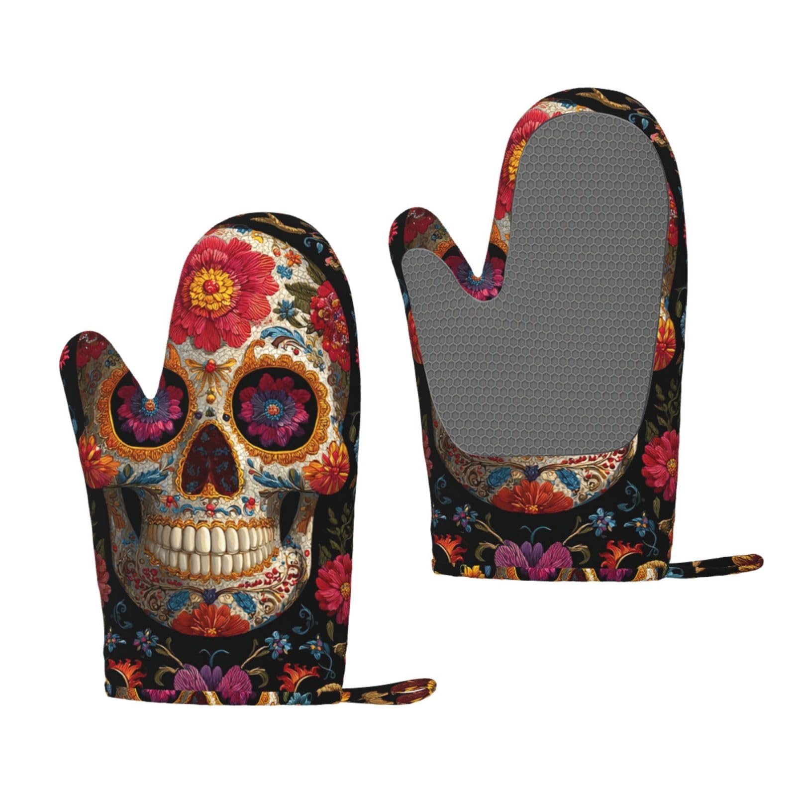 Oven Mitts Sets of 2 Heat Resistant Kitchen Gloves Sugar Skulls Oven Mitts BBQ Oven Gloves Non-Slip Silicone Oven Mitts Waterproof Cooking Safety Gloves for Kitchen Baking Cooking