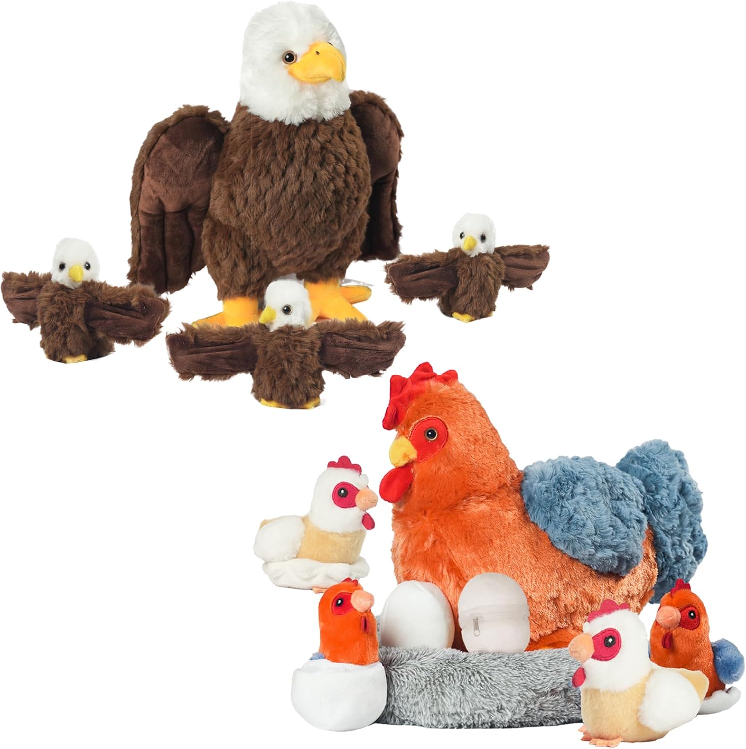 9 in 1 Chicken Stuffed Animal, Mommy Hens with Little Baby Chicks, Eggs and Coop & 4 PCS Eagle Stuffed Animal Mommy Eagle Plush Toy with 3 Cute Babie for Kids