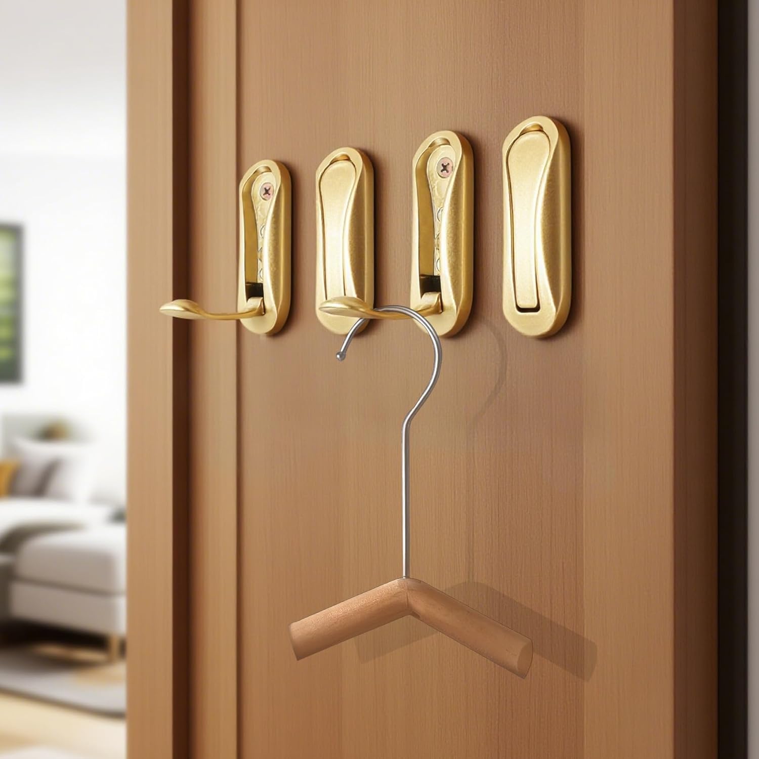 Folding Coat Hooks 6Pcs Coat Hooks for Hanging Coats, Scarves, Hats, Bathrobes, Keys, Bags – Retractable, Space-Saving & Decorative (Golden)