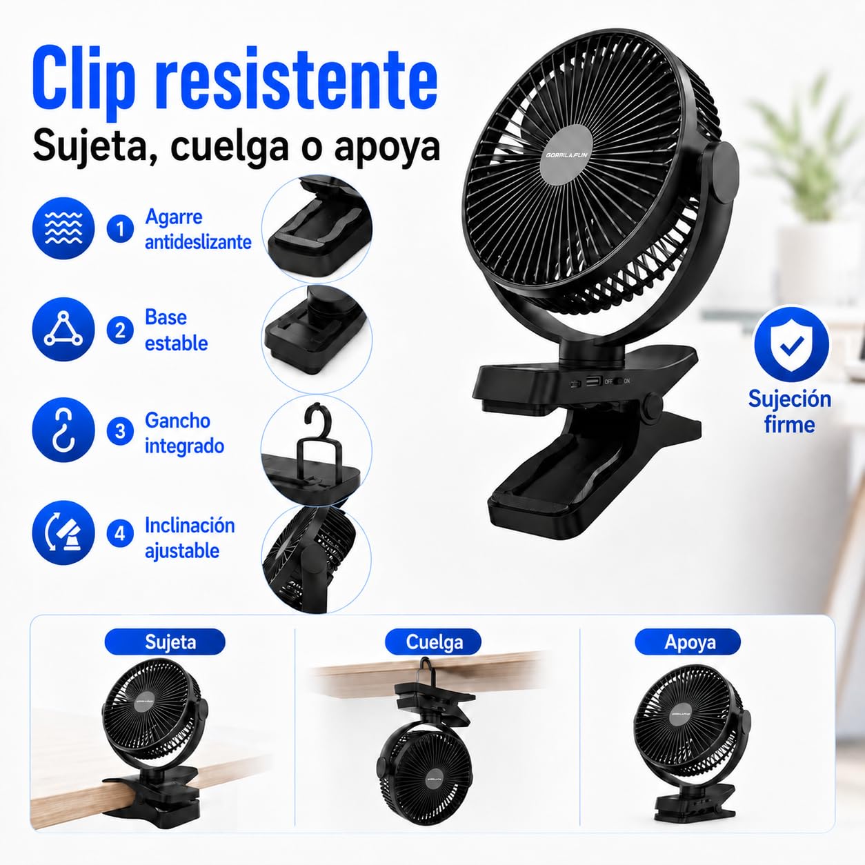 Ventilador de clip de 8,3 pulgadas con batería de 12000 mAh e indicador de nivel de batería, ventilador USB recargable con luz LED, 5 velocidades, temporizador, ventilador de batería para oficina