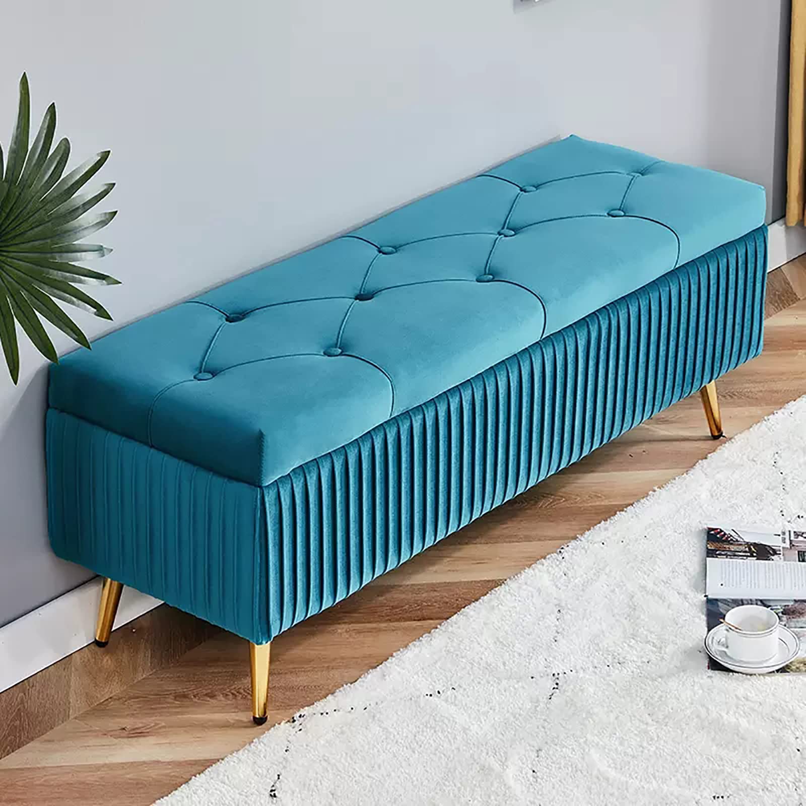 Banc de rangement ottoman chic en velours et pieds en métal doré de salon