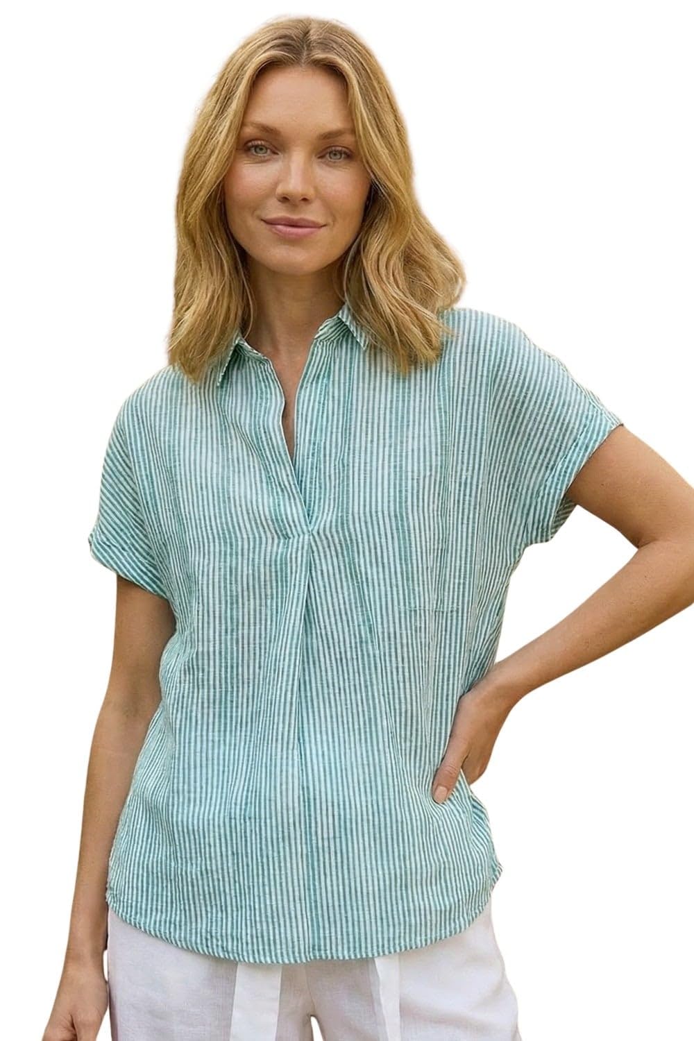 Roman Originals Stripe Pleated Neck Top for Women UK - Ladies Everyday Autumn Winter V-Neckline Comfy Soft Evening Vacation Work Party Night Out - Stripe Sage - Size 18