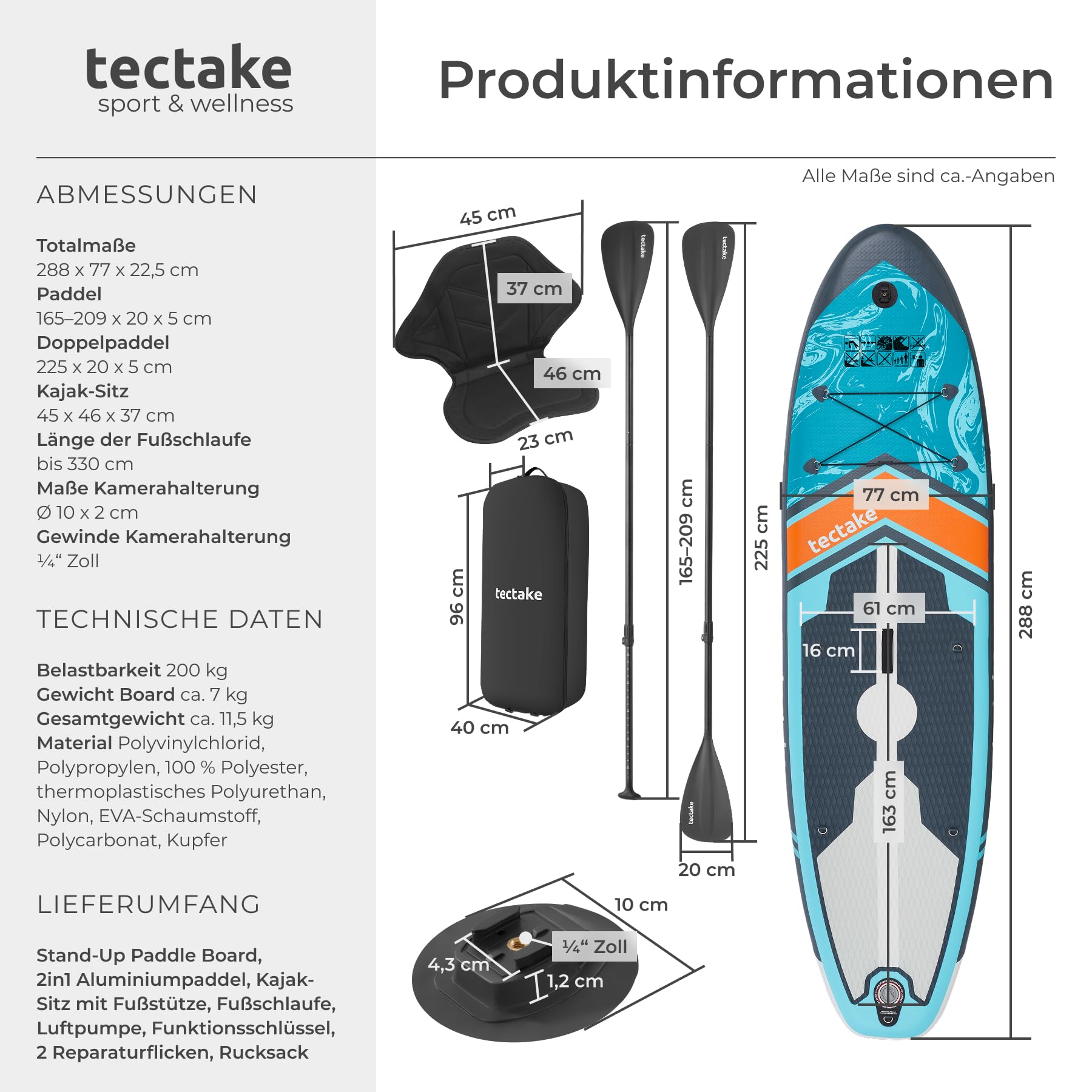 tectake® Stand Up Paddle Board, aufblasbar, Kajaksitz, mit Kamerahalterung