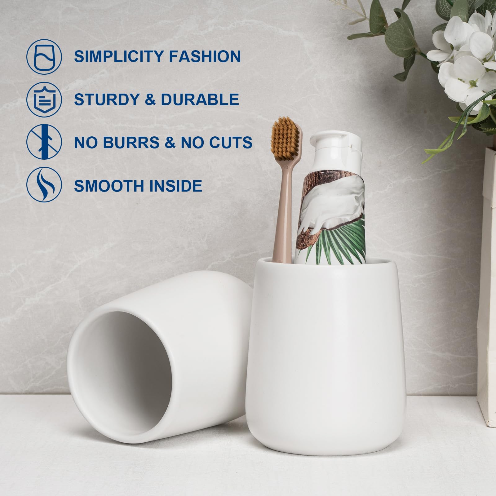 Vaso de cerámica para baño, 2 unidades, 15 onzas, reutilizable, irrompible, 450 ml, soporte para cepillo de dientes adecuado para tu baño (blanco)