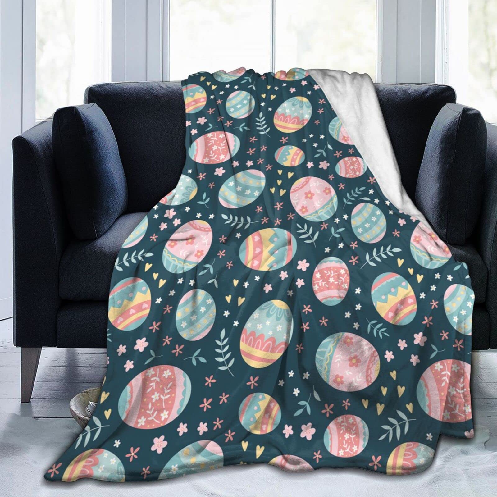 Lsjuee Easter Eggs and Flowers Throw Blanket Soft Cozy Lightweight Blankets Easter Gift Flannel Blanket for Sofa Couch Bed Office Holiday Decorative 60"X50"
