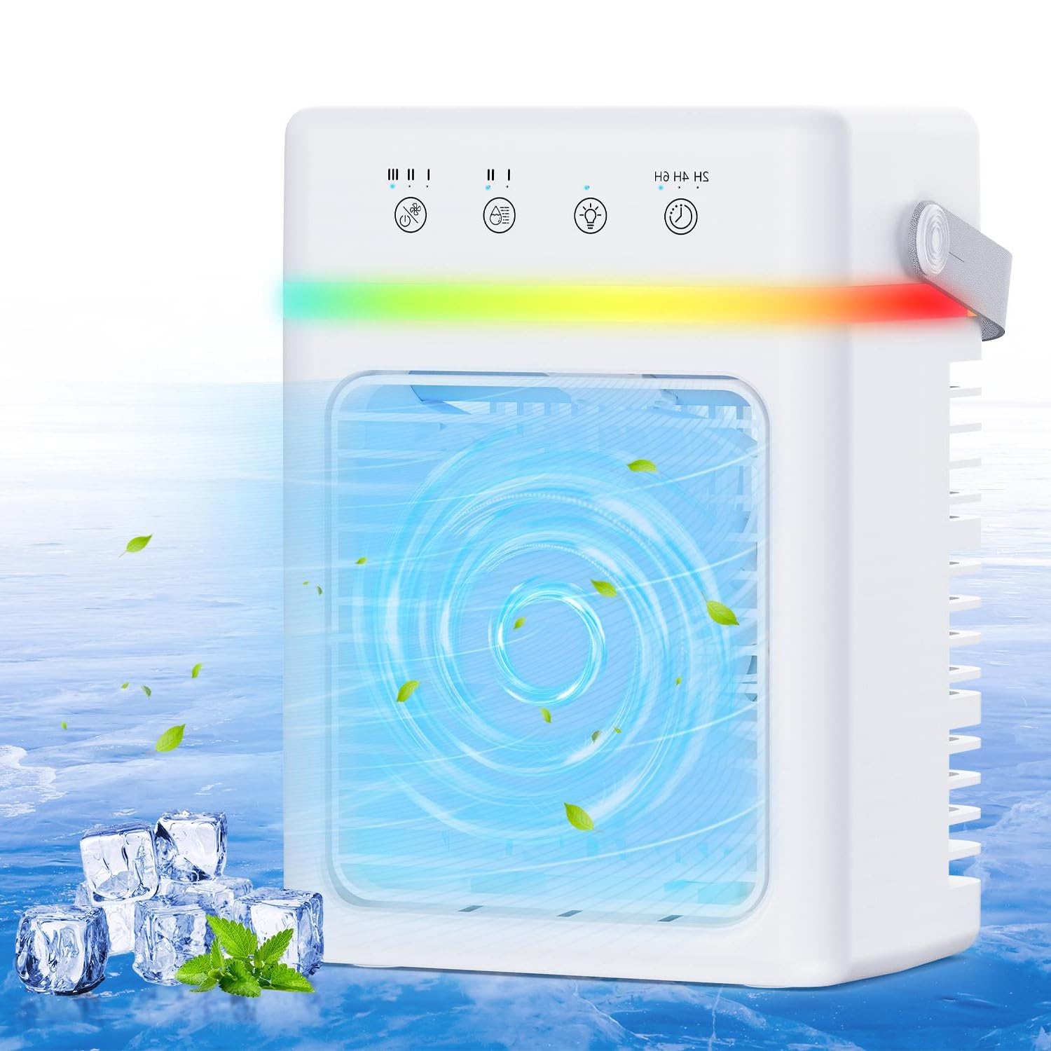 Climatiseur Mobile avec Réservoir 900ML, Refroidisseur d'Air 3 Niveaux & 2 Brumisation, Mini Climatiseur Portable, Minuterie Programmable 6H, Éclairage Coloré, Alimentation USB, pour Petits Espaces