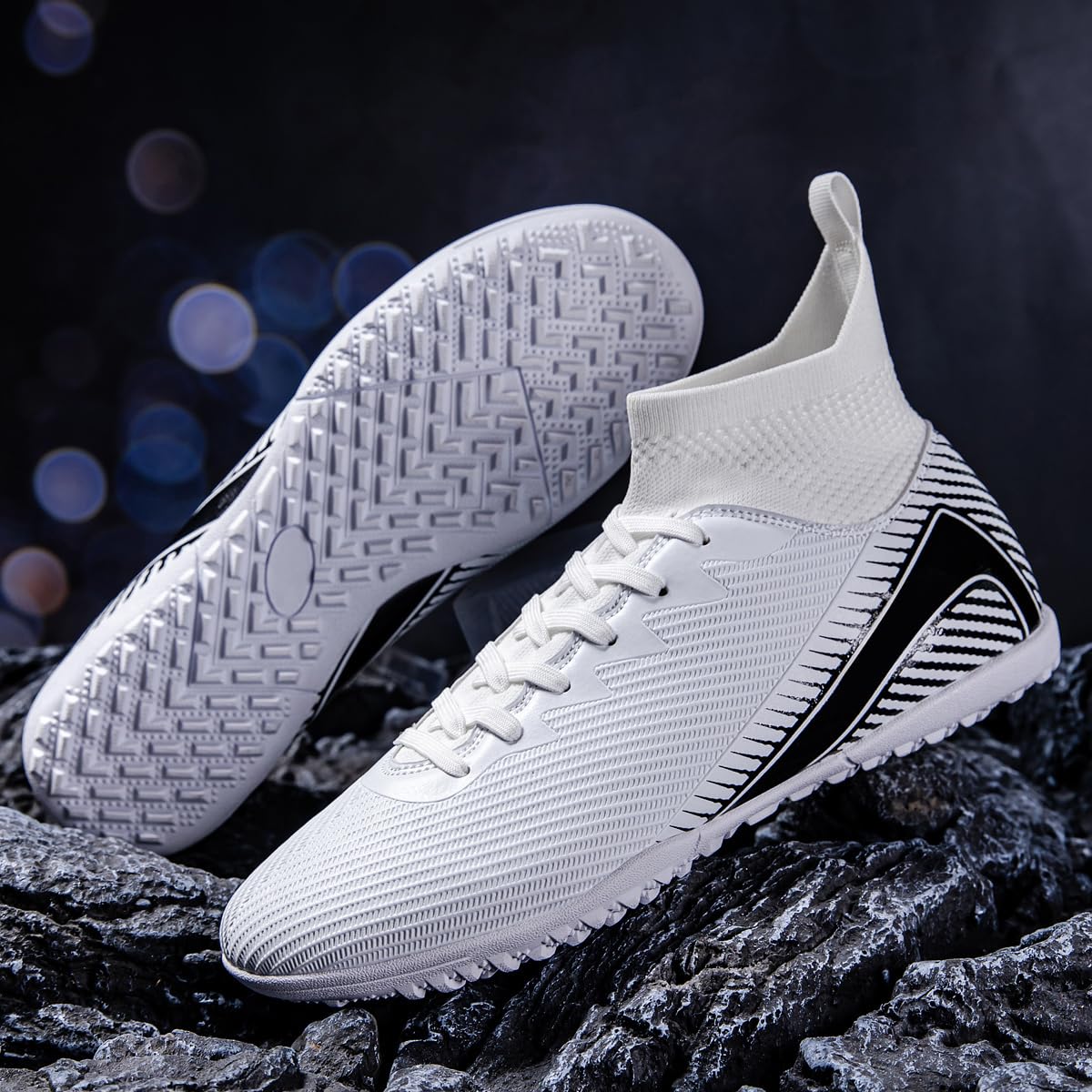 Stylowe buty piłkarskie wysokie cholewki, elastyczny kołnierz, siateczka, sznurówki, FG TF Trawa, trening, mecz, trawa, boisko, unisex, rozmiary 38-45, Biała, 45 EU