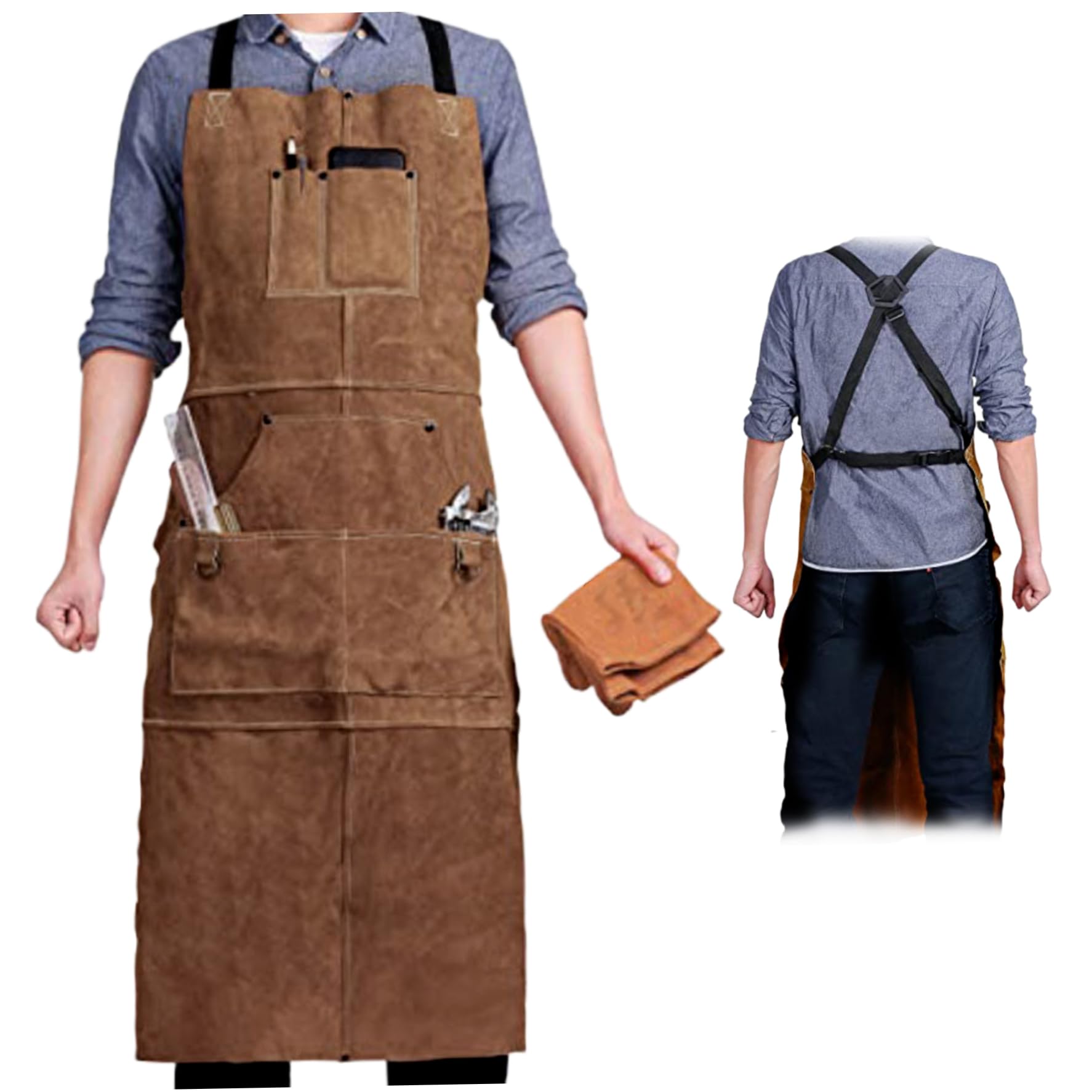Xoeryoy Welding Apron 24x42'' Woodworking Apron Heat & Flame Resistant Leather with Pocket Adjustable Carpenter Quick Release for Welders Men