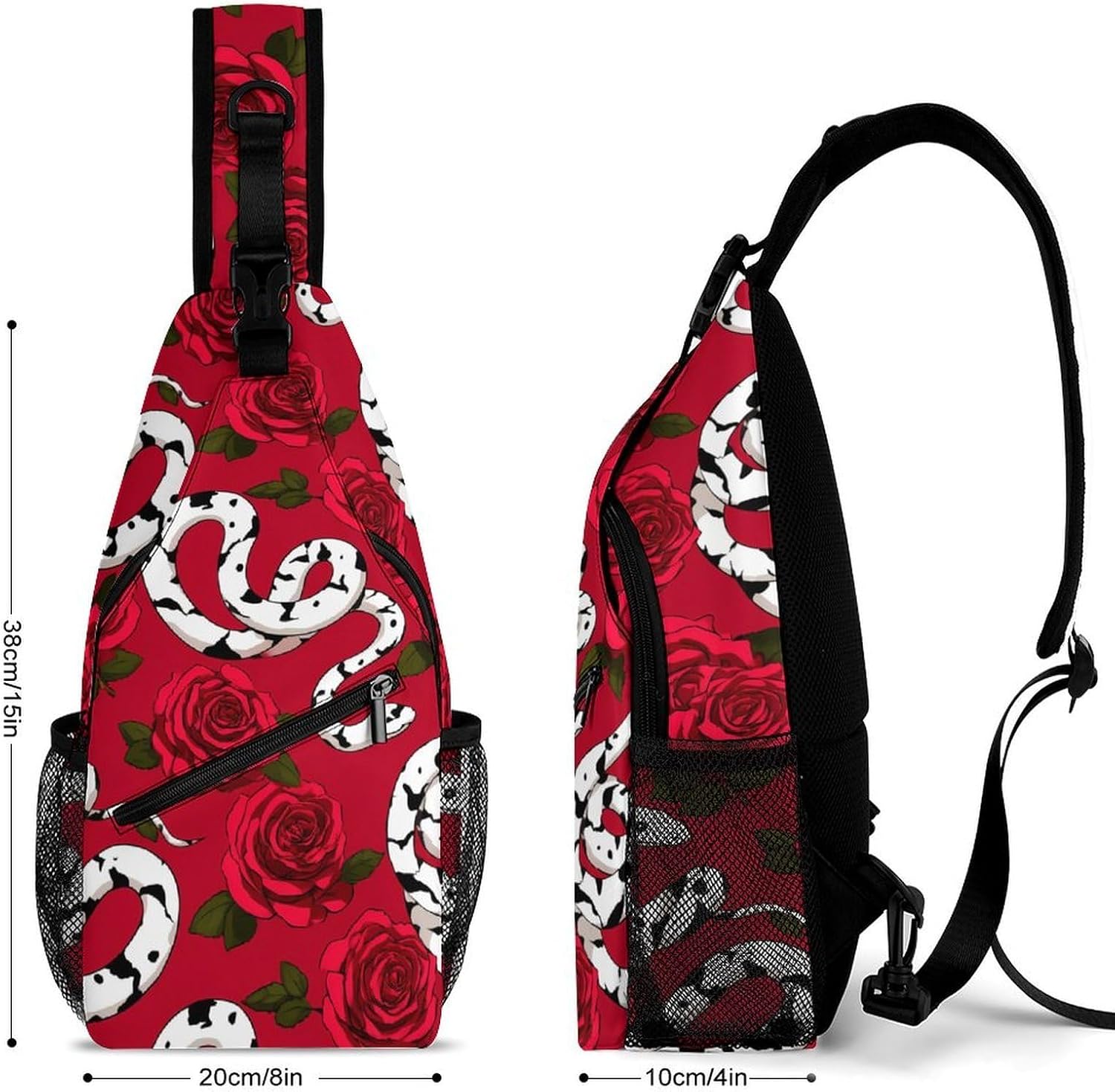 Red Rose Snake Men Crossbody Sling Backpack Chest Bag | Travel Fanny Pack,Hiking Daypack,Print Shoulder Bags
