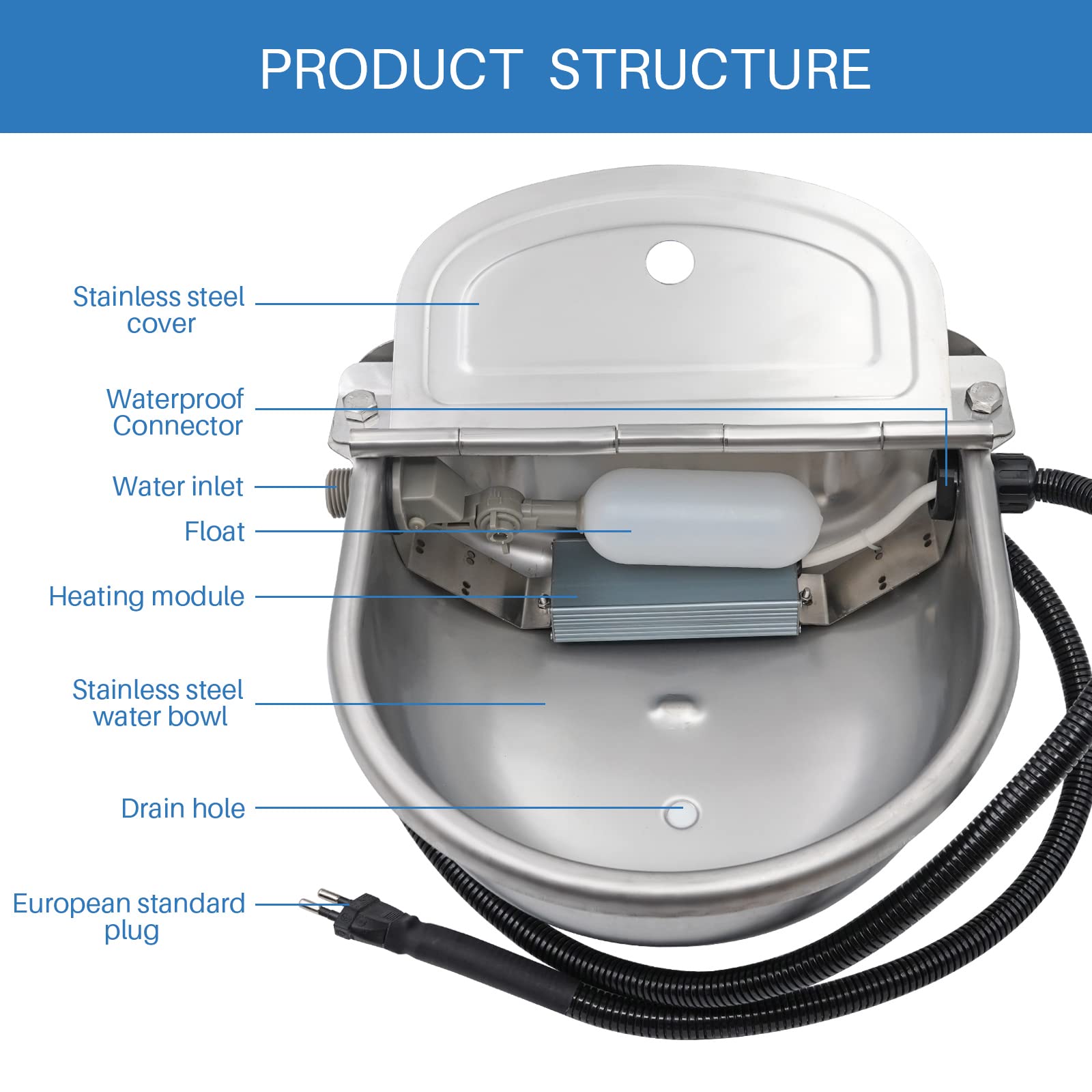 Bebedero de natación con calefacción de 24 V/220 V con tapón de desagüe de acero inoxidable calentado Termostato automático a prueba de heladas, bebidas para caballos de ganado ovejas (220 V)