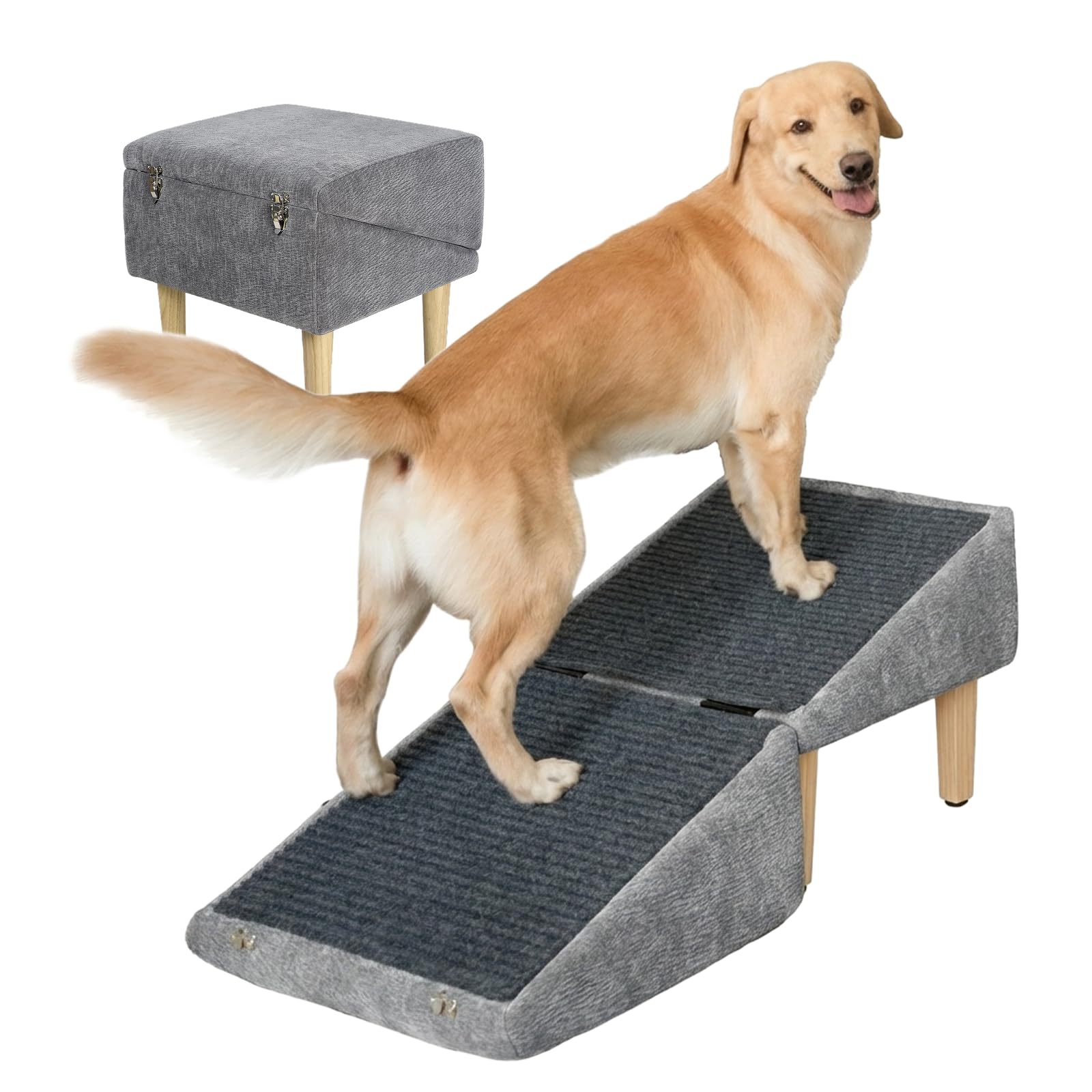 3-in-1 Dog Ramp 18.9"×17.7"×18.9" with Storage – Pet Stairs for Senior & Injured Dogs & Cats, Hidden Storage Footstool, Ottoman Anti-Slip, Supports 220 lbs for Beds & Sofas (Gray)