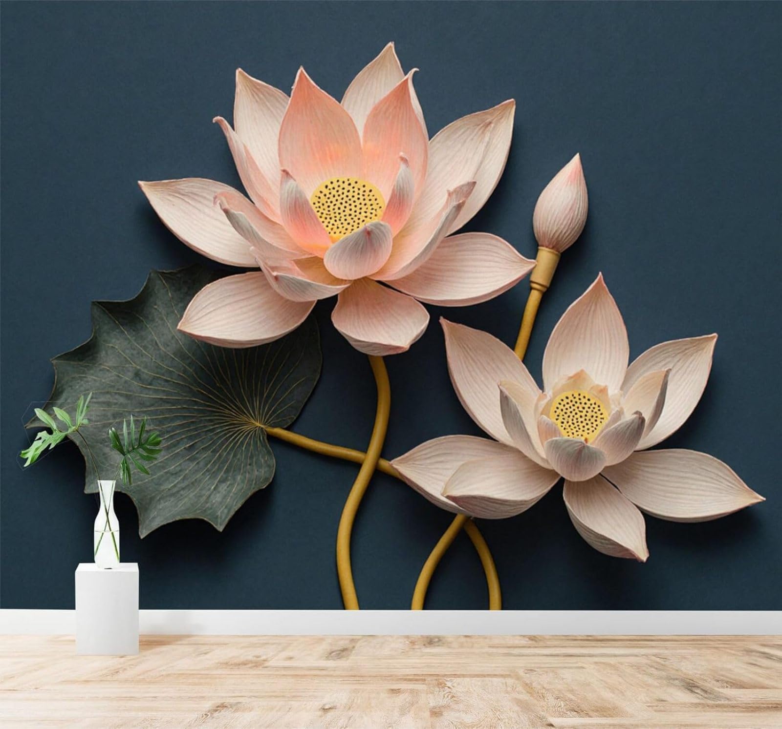 XLMING Beautiful Pink Lotus Flower Green Leaves Dark Blue Background 3D Wallpaper Silky Texture Home Study Office Grey Dining Room Sofa Bedroom Living Room TV Backdrop-430cm×300cm