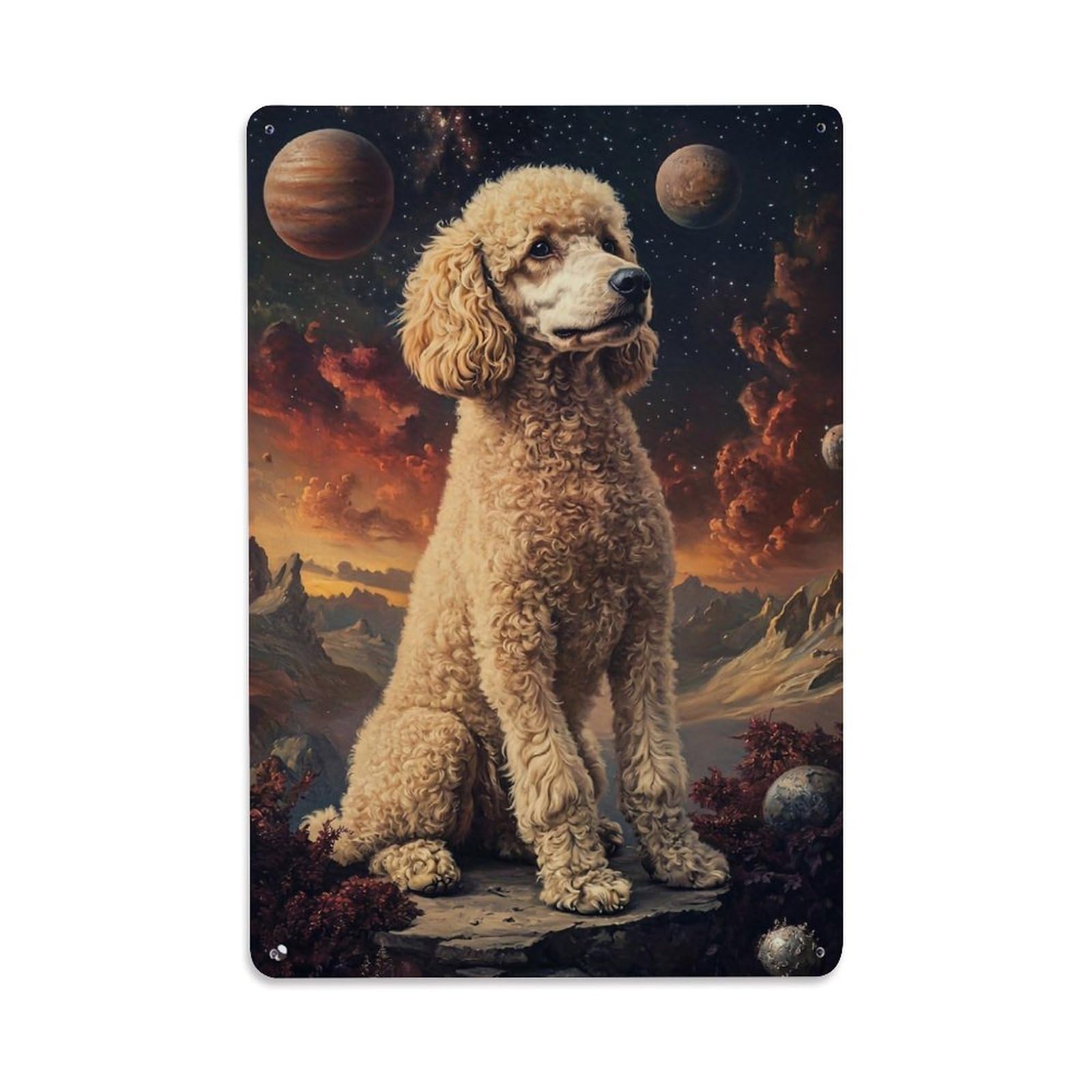 Jdfenggu Vintage Cosmic Poodle Landscape Planets Sky Retro Metal Tin Sign, Decor Art Poster For Bar, Home, Man Cave, Kitchen, Laundry Room Gift 8X12inch